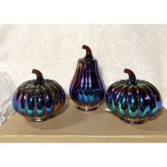 Set of 3 Dark Iridescent Glass Pumpkins Target Halloween - NEW - Picture 2 of 5